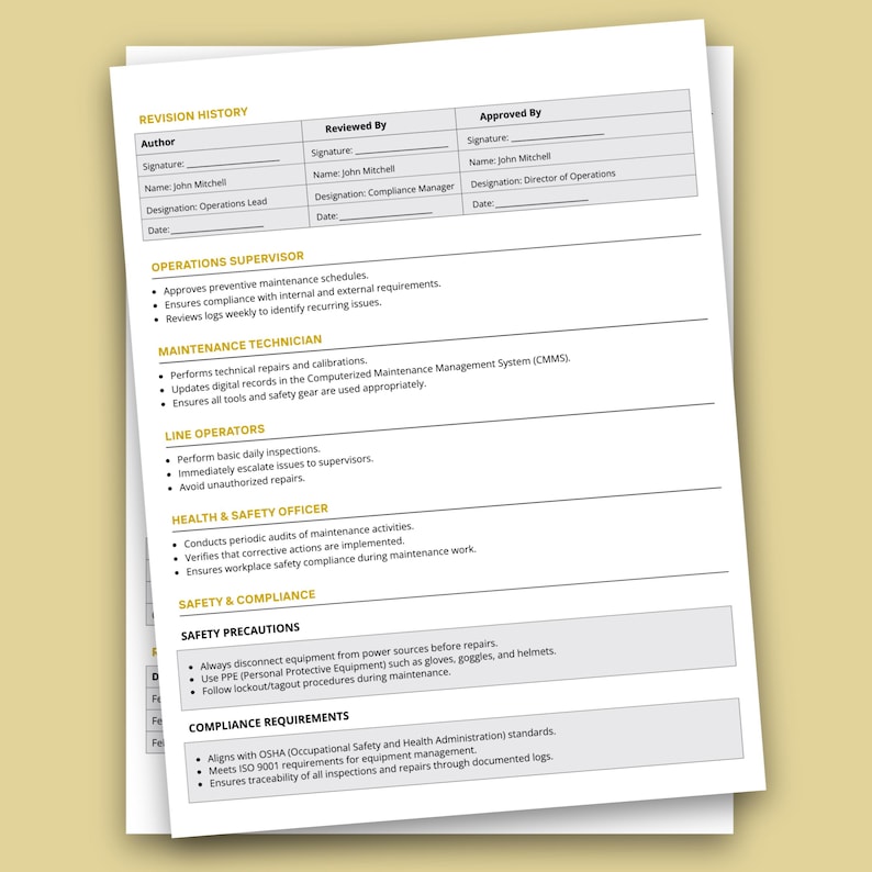 K&ouml;nnte beinhalten: Ein Stapel wei&szlig;er Papierdokumente mit Text. Die Dokumente umfassen Abschnitte f&uuml;r Revisionshistorie, Betriebsleiter, Wartungstechniker, Linienbediener, Gesundheits- und Sicherheitsbeauftragter, Sicherheit und Compliance.