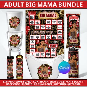 May include: A party bundle featuring a game board with red and black leopard print, a clear plastic cup, a shot glass, a party bucket, a lighter, and a snack bag. Each item displays a photo of a person in a leopard print top and the text Big Mama.