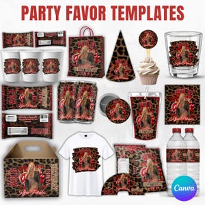 Modello di pacchetto di compleanno con ghepardo rosso, festa di compleanno rossa e oro, decorazioni per feste con ghepardo, decorazione per cupcake con sacchetto di patatine con ghepardo, modello Canva