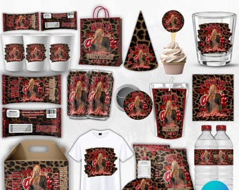Red Cheetah Birthday Bundle Template, Red & Gold Birthday Party, Cheetah Party Decor, Cheetah Chip Bag Cupcake Topper, Canva Template