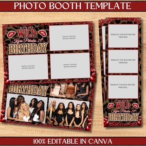 May include: Photo booth template with a leopard print background and red accents. The design includes space for photos, the text "Let's Get Wild," "Kyrie Petrakis 25th Birthday," and "100% Editable in Canva."