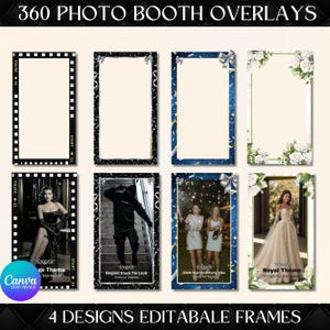 Puede incluir: Se muestran ocho diseños de superposiciones para fotomatón con diversos estilos. Los marcos incorporan patrones de tira de película, florales y geométricos. El texto incluye "360 Photo Booth Overlays", "Canva Editable", y temas como "Royal Theme".