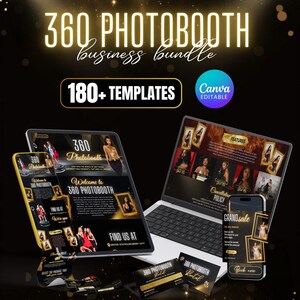 May include: A promotional image for a 360 photobooth business bundle. The image features a laptop, tablet, and smartphone displaying templates, along with business cards. Text includes "360 Photobooth," "business bundle," "180+ Templates," and "Canva Editable."