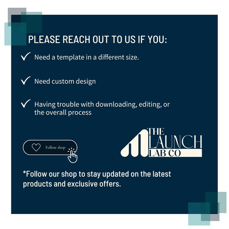 K&ouml;nnte beinhalten: Dunkelblaue Grafik mit wei&szlig;em Text. Sie lautet "PLEASE REACH OUT TO US IF YOU:" gefolgt von drei Aufz&auml;hlungspunkten. Das Logo von The Launch Lab Co befindet sich unten, mit einem Aufruf zum Folgen des Shops.