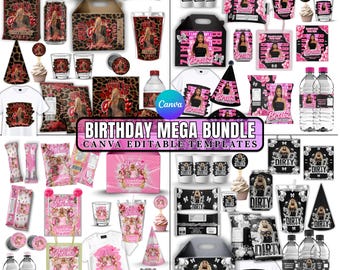 Personalized Party Pack, Red Cheetah Print, Dirty 30, Pink Birthday, Styrofoam, Shot Glass, Chip Bag, Cake Topper, Canva Template