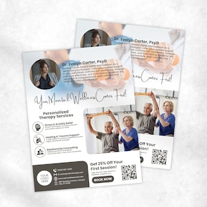 Puede incluir: Un folleto blanco con un logotipo azul y gris para un terapeuta de bienestar mental. El folleto presenta una foto de un terapeuta y una pareja haciendo ejercicios de fisioterapia. El texto en el folleto dice "&iexcl;Tu bienestar mental es lo primero!" y "&iexcl;Obt&eacute;n un 25% de descuento en tu primera sesi&oacute;n!"