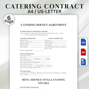 Catering Contract Template, Editable Catering Service Contract, Catering Business Contract, Printable PDF, Word & Docs, Instant Download