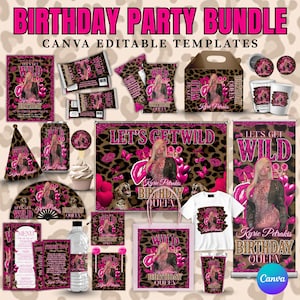 Könnte beinhalten: Eine Sammlung von Partyartikeln mit Leopardenmuster und rosa Akzenten. Enthält Einladungen, Tüten, ein Banner, eine Tragetasche, ein T-Shirt und mehr. Der Text "Birthday Party Bundle" und "Let's Get Wild" sind sichtbar.