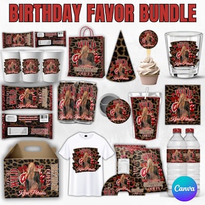 Plantilla de paquete de cumpleaños de guepardo rojo, invitación para fiesta de cumpleaños en rojo y dorado, decoración para fiesta de guepardo, adorno para cupcakes con forma de bolsa de papas fritas de guepardo, plantilla de Canva