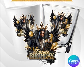 Schwarz Golden Geburtstag Aufkleber, Schwarz & Gold Styropor Tassen Aufkleber, Schnapsglas, Alle Sternzeichen, T-Shirt Design, Canva Vorlage