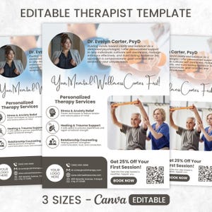 Puede incluir: Plantilla de folleto de terapeuta editable con un esquema de color gris y blanco. El folleto presenta una foto de un terapeuta trabajando con un cliente. El texto del folleto incluye el nombre del terapeuta, la información de contacto y una lista de los servicios ofrecidos. El folleto también incluye una llamada a la acción para reservar una primera sesión con un 25% de descuento.