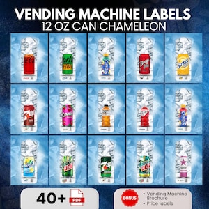May include: Vending machine labels featuring various 12 oz can designs, including Coca-Cola, 7-Up, Crush, and others. The labels are displayed against a blue, icy background. The text "VENDING MACHINE LABELS" and "12 OZ CAN CHAMELEON" are at the top.