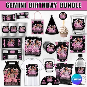 Puede incluir: Un conjunto de artículos para fiestas con el tema del cumpleaños de Géminis. Los artículos incluyen una camiseta, vasos, un gorro de fiesta y una botella de agua, todos con la imagen de una mujer y las palabras "Gemini Birthday". La combinación de colores es negro y rosa.