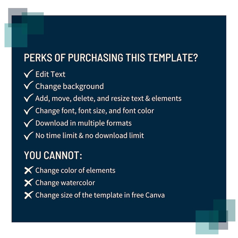 May include: Dark blue graphic with white text listing the perks of purchasing a template, including editing text, changing the background, and downloading in multiple formats. The graphic also lists what you cannot do, such as changing the color of elements.