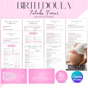 Puede incluir: Formularios de admisión de doula de nacimiento en rosa y blanco, que incluyen formularios de comentarios, comunicados de prensa y exenciones de responsabilidad. Los formularios son de tamaño A4 y US-Letter, con una opción editable de Canva.