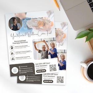 Puede incluir: Un folleto para una terapeuta de bienestar mental, Dra. Evelyn Carter, PsyD. El folleto presenta una foto de una terapeuta trabajando con un cliente. El folleto incluye el texto "&iexcl;Tu bienestar mental es lo primero!" y ofrece un descuento del 25% en la primera sesi&oacute;n.