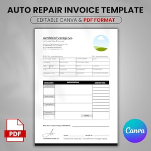 Editable Auto Repair Estimate Template, Auto Repair Invoice, Automotive Service Invoice, Mechanic Receipt Form Car Service Estimate Template