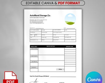 Editable Auto Repair Estimate Template, Auto Repair Invoice, Automotive Service Invoice, Mechanic Receipt Form Car Service Estimate Template
