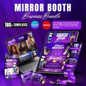 Peut inclure: Une image promotionnelle violette pour un pack d'entreprise Mirror Booth. L'image comprend un ordinateur portable, une tablette et un smartphone affichant des modèles, ainsi que des cartes de visite. Le texte comprend "180+ TEMPLATES" et "Canva Editable."