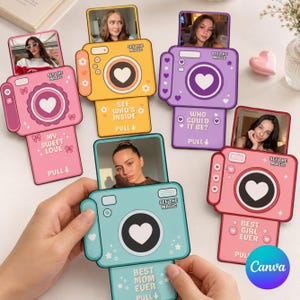 May include: Five interactive camera-shaped cards in pink, yellow, purple, and teal, each featuring a pull-out photo insert. The cards display text including "See the magic," "My sweet love," "See who's inside," "Who could it be?," and "Best mom ever."