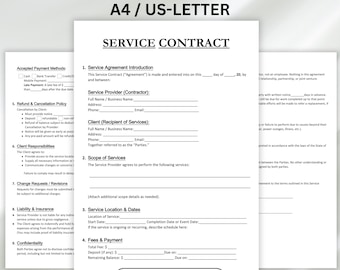Modèle de contrat de service modifiable, formulaire de planification d'événements et de services commerciaux, documents Google modifiables et imprimables, Word, PDF, téléchargement immédiat