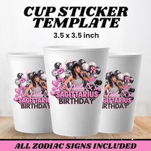 以下が含まれることがあります： 射手座の誕生日のデザインが施された、白い紙コップのテンプレートが3つ。各カップには女性、風船、そして「Amelia Sagittarius Birthday」の文字が描かれています。テンプレートのサイズは8.89 x 8.89 cmです。「Cup Sticker Template」と「All Zodiac Signs Included」の文字も表示されています。