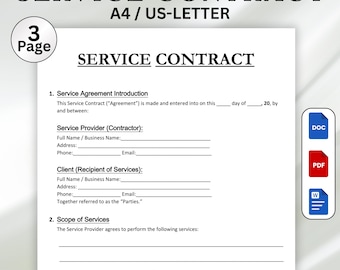 Modèle de contrat de service modifiable, formulaire de planification d'événements et de services commerciaux, documents Google modifiables et imprimables, Word, PDF, téléchargement immédiat