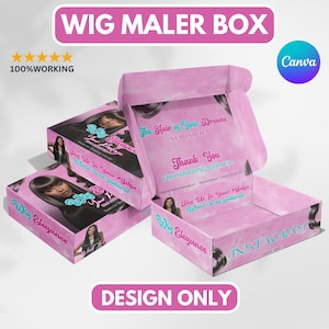 Może przedstawiać: Różowe i białe pudełko z nadrukiem "Wig Elegance" i "The Hair of Your Dreams". Pudełko jest otwarte, a wnętrze jest puste. Na boku pudełka widnieje napis "Tag Us In Your Selfie Want to be featured".