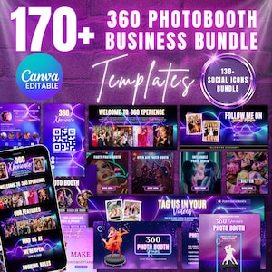 360 Photo Booth Business Bundle In Purple, 360 Photo Booth Flyer, 360 Photo Booth Info Page, Website Banners & Instagram Templates