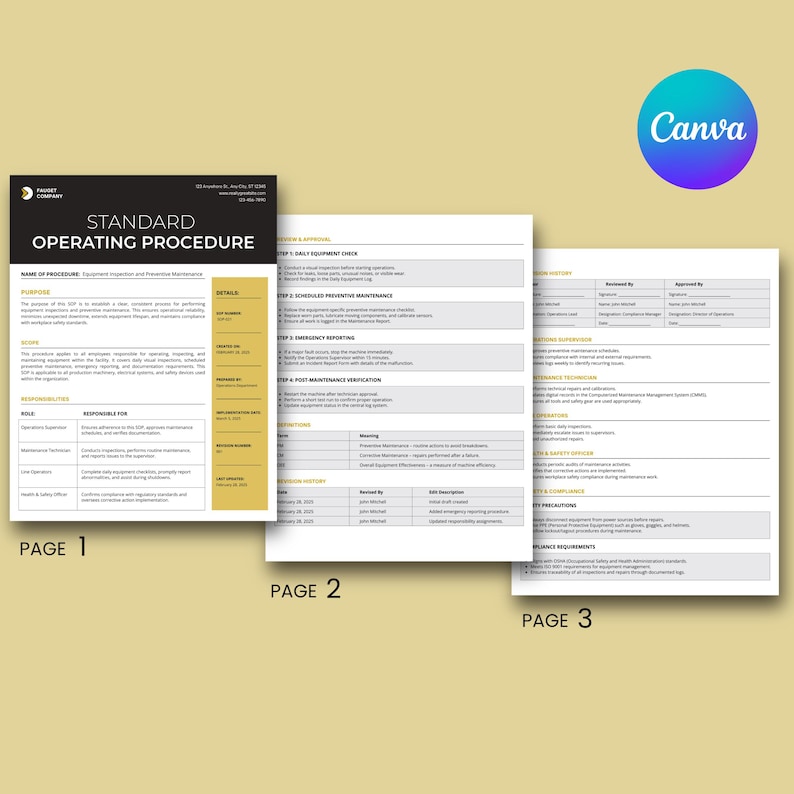 K&ouml;nnte beinhalten: Dreiseitiges Dokument mit dem Titel &bdquo;Standardarbeitsanweisung&ldquo; in Schwarz und Gold. Das Dokument enth&auml;lt Abschnitte f&uuml;r Zweck, Umfang, Verantwortlichkeiten und Details. Das Canva-Logo befindet sich in der oberen rechten Ecke.