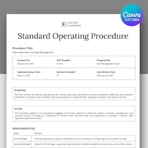 Könnte beinhalten: Ein weißes Dokument mit dem Titel "Standard Operating Procedure" mit dem Logo der Fauget Company. Das Dokument umreißt Store-Operationen und tägliches Management, einschließlich SOP-Nummer, Implementierungsdatum und Revisionsdetails. Zweck, Umfang und Verantwortlichkeiten sind ebenfalls aufgeführt.
