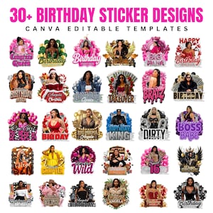 K&ouml;nnte beinhalten: Eine Sammlung von &uuml;ber 30 Geburtstag-Aufkleber-Designs mit verschiedenen Themen und Texten, darunter "Birthday Queen" und "Sweet 16". Die Aufkleber zeigen Bilder von Frauen und dekorative Elemente, mit dem Text "Canva Editable Templates" oben.