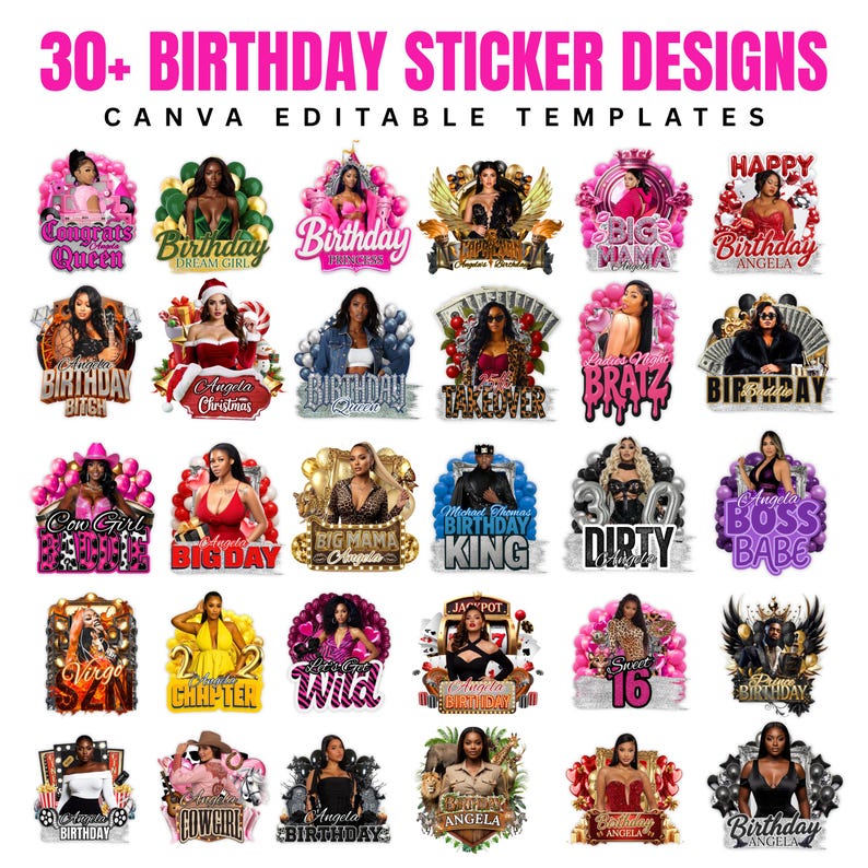 K&ouml;nnte beinhalten: Eine Sammlung von &uuml;ber 30 Geburtstag-Aufkleber-Designs mit verschiedenen Themen und Texten, darunter "Birthday Queen" und "Sweet 16". Die Aufkleber zeigen Bilder von Frauen und dekorative Elemente, mit dem Text "Canva Editable Templates" oben.