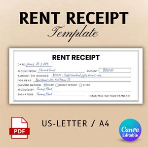 Editable Rent Receipt Template, Printable Simple Rent Receipt, Minimalist Receipt, Sales Receipt Editable, Business Receipt Canva Template