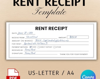 Bearbeitbare Mieteingangsvorlage, druckbare einfache Mietquittung, minimalistische Quittung, Verkaufsquittung bearbeitbar, Geschäftsquittung Canva-Vorlage