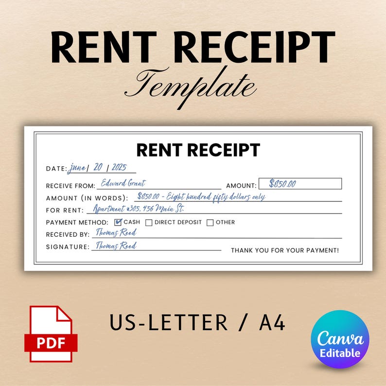 Editable Rent Receipt Template, Printable Simple Rent Receipt ...