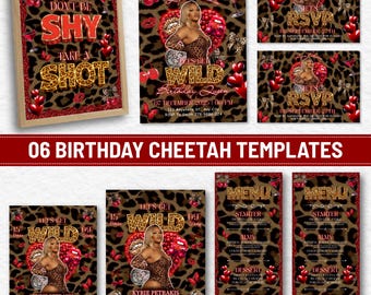 Cheetah Print Birthday Party Bundle, 06 Cheetah Birthday Party Templates, Sticker, Invitation with RSVP, Menu, Poster, Instant Download