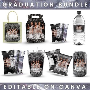 Senior Graduation Party Favor Bundle, Personalized Black & Silver Graduation Favors, Graduation Chip Bag, Class of 2025 Grad Treat Bundle