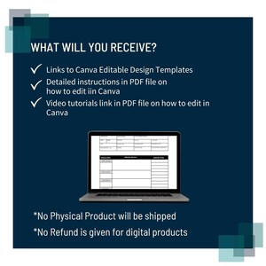 K&ouml;nnte beinhalten: Dunkelblaue Grafik mit wei&szlig;em Text, der die Funktionen eines digitalen Produkts beschreibt, einschlie&szlig;lich Canva-Vorlagen und Video-Tutorials. Ein Laptop zeigt ein Dokument an. Der Text besagt auch, dass kein physisches Produkt versendet wird und keine R&uuml;ckerstattung erfolgt.