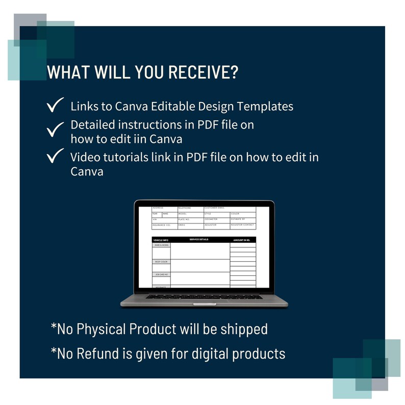 K&ouml;nnte beinhalten: Dunkelblaue Grafik mit wei&szlig;em Text, der die Funktionen eines digitalen Produkts beschreibt, einschlie&szlig;lich Canva-Vorlagen und Video-Tutorials. Ein Laptop zeigt ein Dokument an. Der Text besagt auch, dass kein physisches Produkt versendet wird und keine R&uuml;ckerstattung erfolgt.