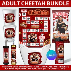 Könnte beinhalten: Ein Party-Set für Erwachsene im Geparden-Design mit einem Geburtstags-Brettspiel, einem Kunststoffbecher, einem Schnapsglas, einem Partyeimer, einer Backwoods-Verpackung, einem Feuerzeug und zwei Shisha-Aufklebern mit dem Text Angela Birthday.