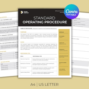Può includere: Un documento di procedura operativa standard con un design giallo e bianco. Il documento include sezioni per scopo, ambito, responsabilità e dettagli. Il testo "Canva Editable" si trova in alto a destra.