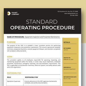 K&ouml;nnte beinhalten: Ein schwarz-gelbes Standardarbeitsanweisungsdokument der Fauget Company. Das Dokument enth&auml;lt den Titel &bdquo;Standardarbeitsanweisung&ldquo; sowie Details zur Ger&auml;teinspektion und vorbeugenden Wartung. Es listet auch die SOP-Nummer, das Erstellungsdatum und das Implementierungsdatum auf.