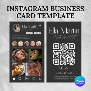 Modèle de carte de visite Instagram bricolage, carte de visite code QR, coiffeurs, maquilleurs, carte Instagram nail tech, modèle canva modifiable