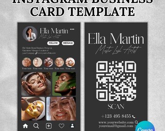 Plantilla de tarjeta de presentación DIY, tarjeta de presentación de Instagram, tarjeta de belleza, código QR para redes sociales, pestañas, cabello, uñas, maquillaje, pelucas, plantilla de Canva