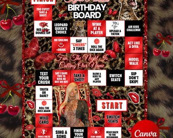 Cheetah Birthday Board Game Editable Party Template Cheetah Print Birthday Games Bachelorette, Birthday Game Boards, Canva Template