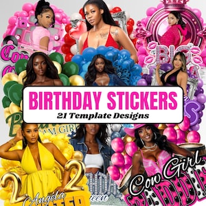 Birthday Design Template Bundle, 20+Birthday Sticker, Styrofoam Cup stickers,T-Shirt Designs,Editable Pink Cheetah,Cowgirl,Casino,Y2k Design