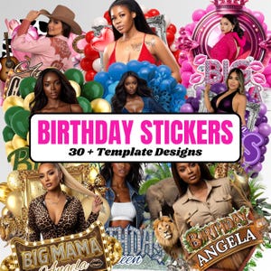 K&ouml;nnte beinhalten: Eine farbenfrohe Collage mit dem Text "BIRTHDAY STICKERS" und "30+ Template Designs". Die Bilder zeigen Frauen, Luftballons und dekorative Rahmen. Das Farbschema ist lebendig, mit rosa, gr&uuml;nen, blauen und goldenen Akzenten.