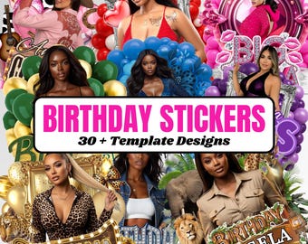 Birthday Design Template Bundle, 30+Birthday Sticker, Styrofoam Cup stickers,T-Shirt Designs,Editable Pink Cheetah,Cowgirl,Casino,Y2k Design