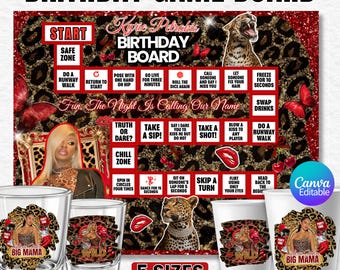 Cheetah Drinking Board Game Editable Party Template Cheetah Print Shot Glass & Cup Sticker, Birthday Game Boards, Canva Template